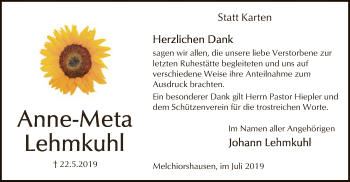 Todesanzeige von Anne-Meta Lehmkuhl von SYK