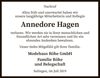 Todesanzeige von Annedore Hagen von SYK