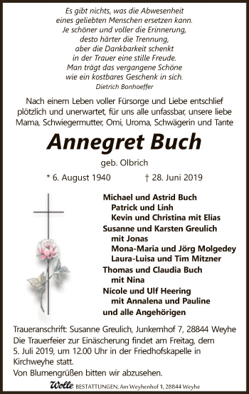 Todesanzeige von Annegret Buch von SYK