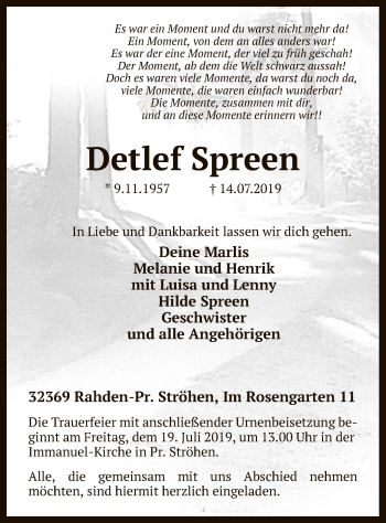 Todesanzeige von Detlef Spreen von SYK