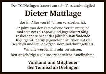 Todesanzeige von Dieter Mattlage von SYK