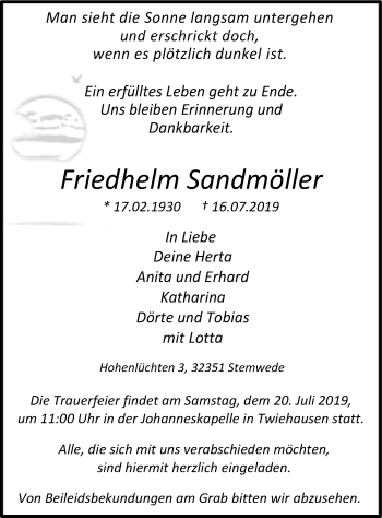 Todesanzeige von Friedhelm Sandmöller von SYK