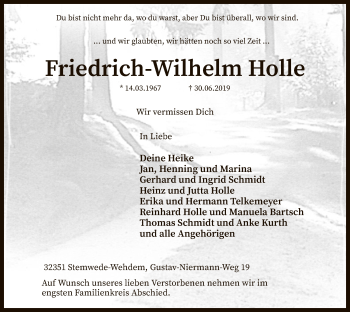 Todesanzeige von Friedrich-Wilhelm Holle von SYK