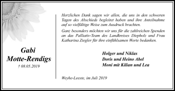 Todesanzeige von Gabi Motte-Rendigs von SYK