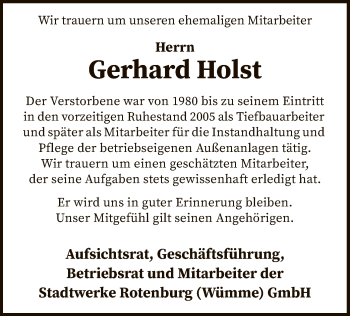 Todesanzeige von Gerhard Holst von SYK