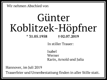 Todesanzeige von Günter Koblitzek-Höpfner von SYK