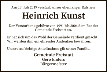 Todesanzeige von Heinrich Kunst von SYK