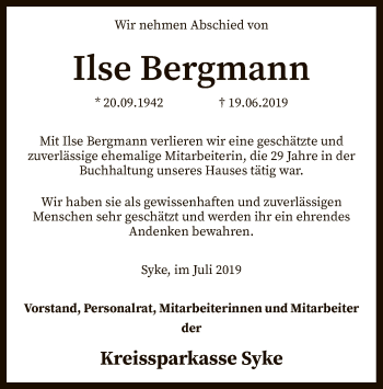 Todesanzeige von Ilse Bergmann von SYK