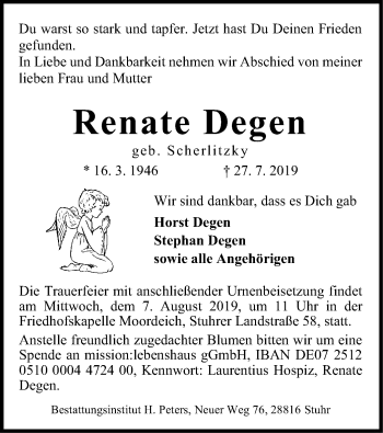 Todesanzeige von Renate Degen von SYK