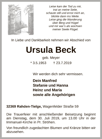 Todesanzeige von Ursula Beck von SYK