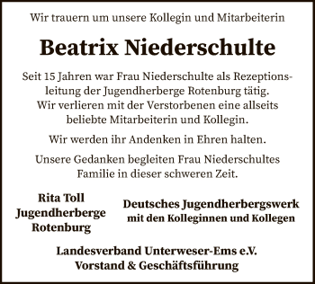 Todesanzeige von Beatrix Niederschulte von SYK