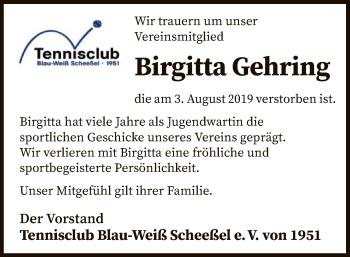 Todesanzeige von Birgitta Gehring von SYK