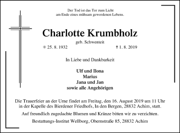 Todesanzeige von Charlotte Krumbholz von SYK