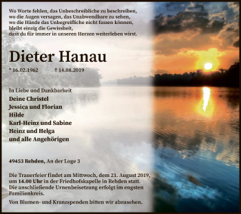 Todesanzeige von Dieter Hanau von SYK