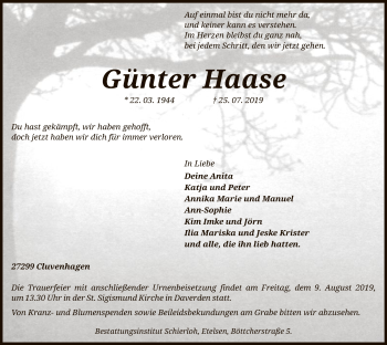 Todesanzeige von Günter Haase von SYK