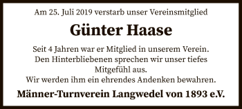 Todesanzeige von Günter Haase von SYK