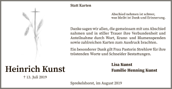 Todesanzeige von Heinrich Kunst von SYK