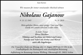 Todesanzeige von Nikolaus Gajanow von SYK