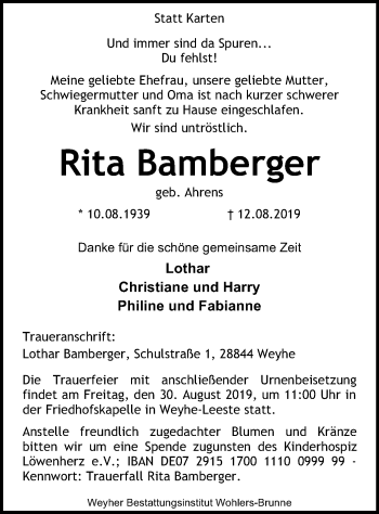 Todesanzeige von Rita Bamberger von SYK