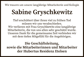 Todesanzeige von Sabine Gryschkewitz von SYK