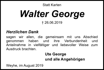 Todesanzeige von Walter George von SYK