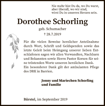 Todesanzeige von Dorothee Schorling von SYK