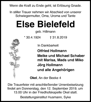 Todesanzeige von Else Bielefeld von SYK