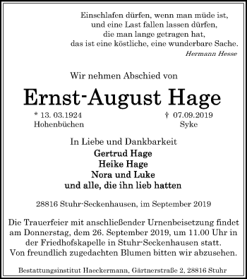 Todesanzeige von Ernst-August Hage von SYK