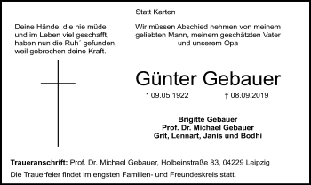Todesanzeige von Günter Gebauer von SYK