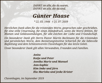 Todesanzeige von Günter Haase von SYK