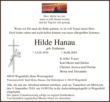 Todesanzeige von Hilde Hanau von SYK