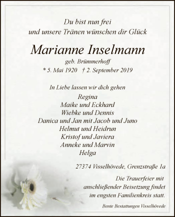 Todesanzeige von Marianne Inselmann von SYK