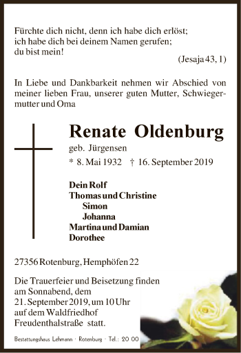 Todesanzeige von Renate Oldenburg von SYK