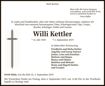 Todesanzeige von Willi Kettler von SYK