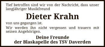 Todesanzeige von Dieter Krahn von SYK