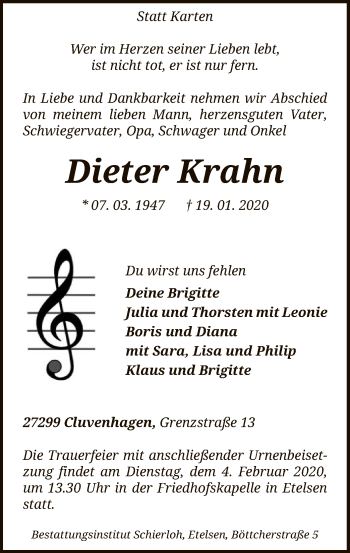 Todesanzeige von Dieter Krahn von SYK