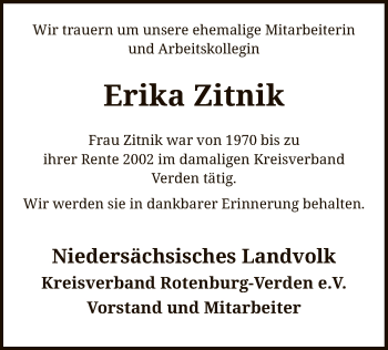 Todesanzeige von Erika Zitnik von SYK