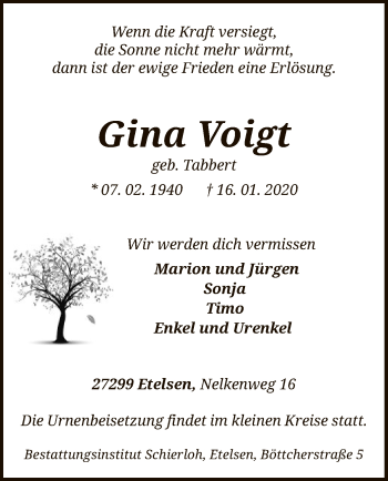 Todesanzeige von Gina Voigt von SYK