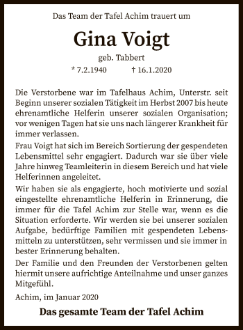 Todesanzeige von Gina Voigt von SYK