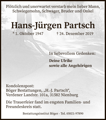 Todesanzeige von Hans Jürgen Partsch von SYK