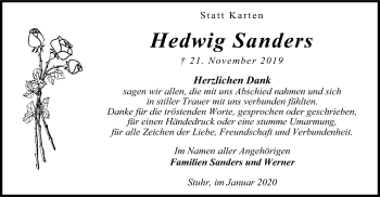 Todesanzeige von Hedwig Sanders von SYK
