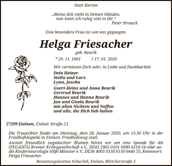 Todesanzeige von Helga Friesacher von SYK