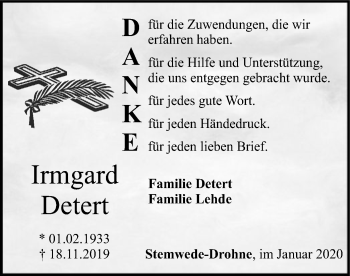Todesanzeige von Irmgard Detert von SYK