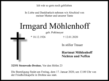 Todesanzeige von Irmgard Möhlenhoff von SYK