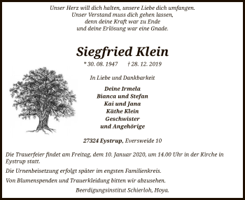 Todesanzeige von Siegfried Klein von SYK