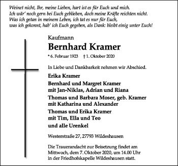 Todesanzeige von Bernhard Kramer von SYK
