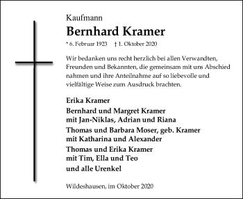 Todesanzeige von Bernhard Kramer von SYK