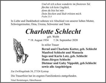 Todesanzeige von Charlotte Schlecht von SYK