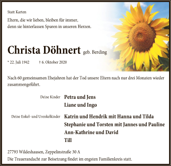 Todesanzeige von Christa Döhnert von SYK