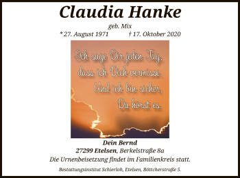 Todesanzeige von Claudia Hanke von SYK